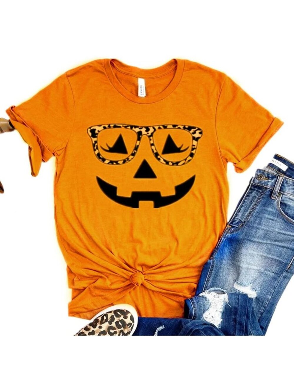 🆕 Women's Orange Leopard Glasses Pumpkin Halloween Graphic Tee Shirt